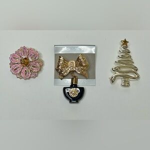 Vintage Brooch Lot Of 3—Bow/Perfume Bottle, Christmas Tree, Flower